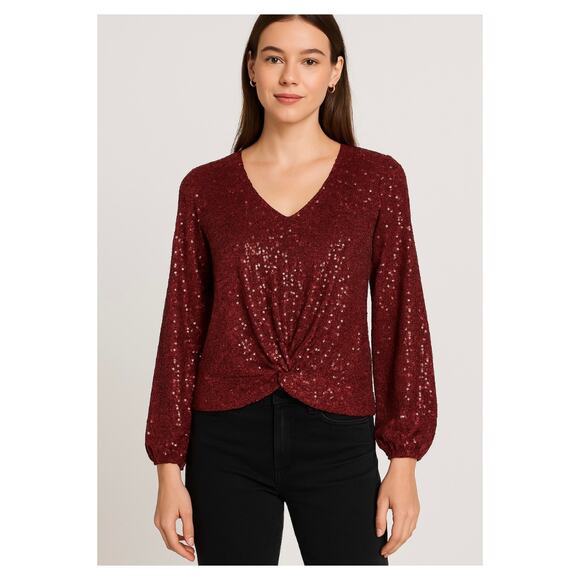 Spense Women's Maroon Red Sequin Twist-Front V-Neck Long Sleeve Top Blouse PM - Picture 1 of 16